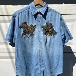 Vintage 90s Let's Quizz Again New York Short-Sleeve Denim Button-Down Shirt